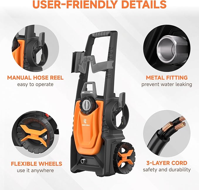 Giraffe Tools Pressure Washer, Max 2400 PSI, 2.3 GPM Electric Power Washer with 4 Quick-Connect Nozzles, Foam Cannon for Cars/Patios/Driveways/Fences