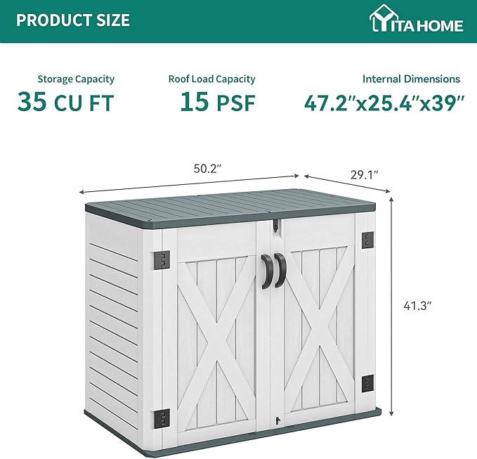 YITAHOME Outdoor Horizontal Storage Shed with X-Shaped Lockable Door, 35 Cu Ft Weatherproof Resin Tool Shed w/o Shelf, Ideal for Bike, Trash Cans, Garden Tools, Lawn Mowers, Light Gray