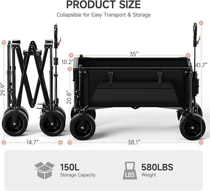 Collapsible Folding Wagon with Extended Tailgate, 150L & 580LBS Wagons Carts Foldable with All-Terrain Wheels, Side Pocket and Brakes, Beach Wagon Cart Heavy Duty for Camping, Shopping, Sports, Garden