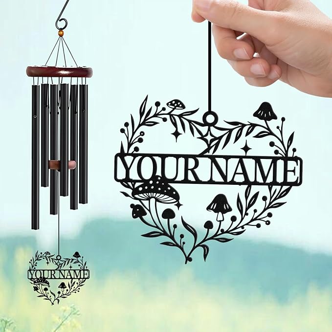 Personalized Customize Name Fantasy Mushroom Wonderland Wind Chime, Metal Iron 37 Inch Outdoor Memorial Gift for Garden Yard Patio Home Decor, Black (Style F)