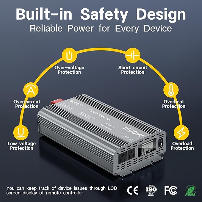 1500W Pure Sine Wave Power Inverter, 12V DC to 110V/120V AC for Car, RV, Truck, Home, Off-Grid, Camping with 2 AC Outlets, LCD Display and 3000W Surge