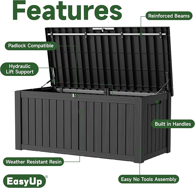 EasyUp 120 Gallon Outdoor Storage Box Waterproof, UV Resistant Resin Deck Box with Hydraulic Rod, Reinforced Stability for Patio, Garden, and Pool, Striped Black