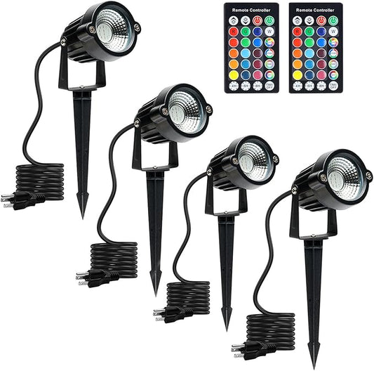 SHOYO Outdoor Spotlights with Timer, Yard Spot Lights 5W 120V Colored RGB LED Landscape Uplights Memory Dimmable with Spiked Stand for Flags Lawn Porch Halloween, 4 Lights