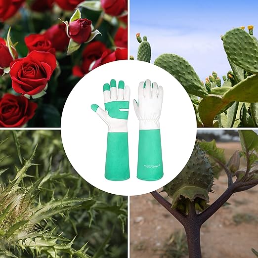 HLDD HANDLANDY Gardening Gloves for Women & Men, Leather Long Sleeve Rose Pruning Gloves, Thorn Proof Garden Work Gauntlet Animal Handling Gloves (Large, Green)