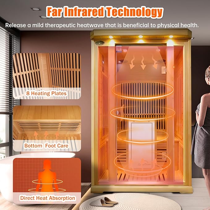 Far Infrared Sauna for Home Low EMF 2 Person Indoor Dry Hemlock Wood 1800W Graphene Heaters Panels Personal Sauna with Touch Intelligent Panel, Bluetooth Reading Light, 47.2 * 39.4 * 74.8in