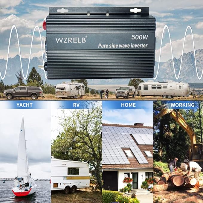 WZRELB 500W Pure Sine Wave Inverter 24VDC to 120VAC Solar Power Converter Truck RV Home LCD Display