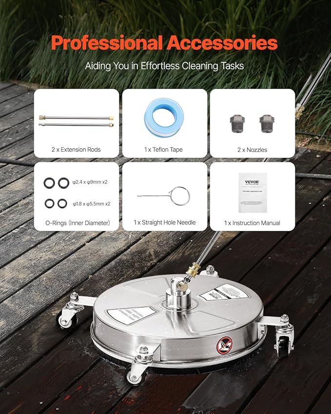 VEVOR 16.5" Pressure Washer Surface Cleaner, Stainless Steel Pressure Washer Attachments with 4 Wheels, 4000 Max PSI, 1/4 Quick Connector, 2 Spray Nozzles, 2 Extended Wands for Concrete, Patio, Deck