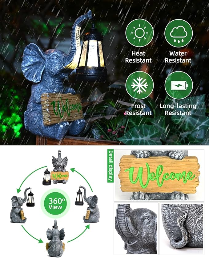 KVR Solar Elephant Garden Lights, Outdoor Welcome Statue Decor for Patio Yard, Birthday Gift for Women Mom Grandma (2025 New Gift Ready) (Green)