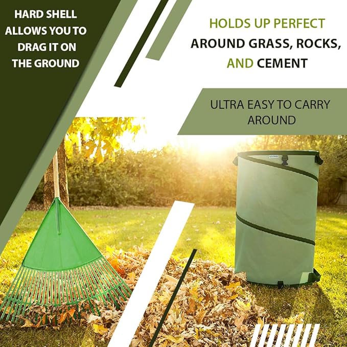 Collapsible -45 Gallon Canvas Garden Waste Bag -Pop-up Bucket Reusable Yard Leaf Bag Holder- Heavy Duty Hardshell Bottom – with Drain Holes for Lawn Pool Garden Camping Trash Debris Bag with Handles
