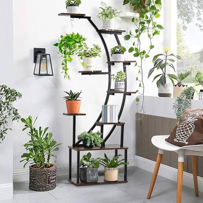 VINCIGANT Black Metal Plant Stand with Grow Light, 9 Tiered Shelf, 60" Corner Plant Holder for Living Room, Home, Patio, Balcony