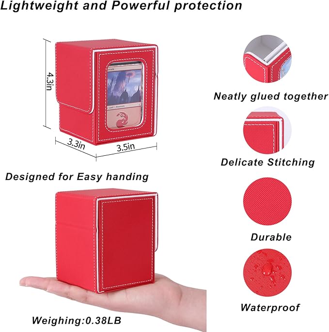AFIING MTG Deck Box for Commander Display,Card Deck Box Fits 60+ Double Sleeved Cards or 100+single sleeved cards, Magic Commander TCG Card Storage Box with 2 Dividers,Dice Bag(Red/White)