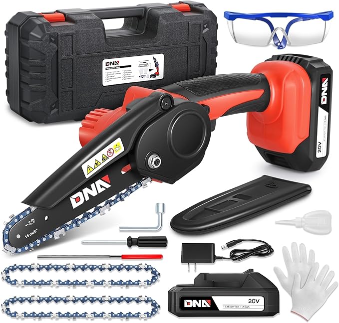 DNA MOTORING Mini Chainsaw, 6 Inch Electric Chain saw Cordless Handheld Chainsaw w/ 2 20V 2000mAh Batteries, Small Handheld Battery Powered Super Saw for Tree Trimming, Wood Cutting, TOOLS-00727-RD
