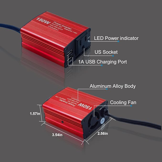 150W Power Inverter 12V DC to 110V AC Car Laptop Charger Fast Charger Converter with 2 USB Ports Car Laptop Charger, Car Adapter for Plug Outlet