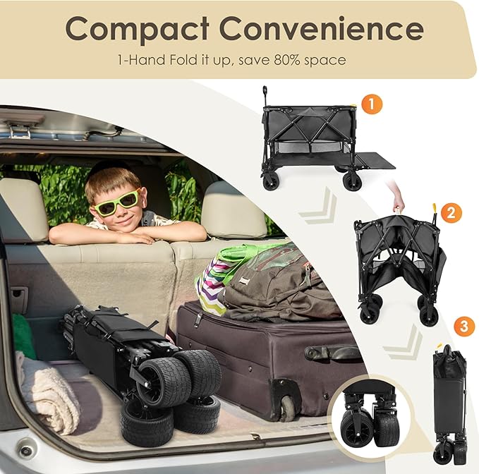 HOPERAN 400L XL Wagons Carts Foldable, 54" Extra Length Double Decker Collapsible Wagon Cart with Tailgate, 8" Big All-Terrain Wheels, 550lbs Load Utility Grocery Cart for Camping,Sports,Beach