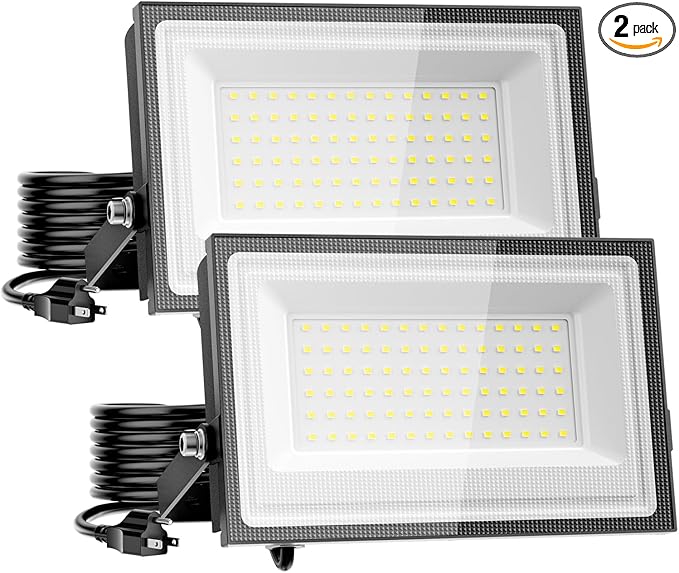110W Flood Lights Outdoor, LED Work Light with Plug, Daylight White 6500K LED Flood Light, IP66 Waterproof Exterior Security Lights for Yard Garage Stadium 2 Pack