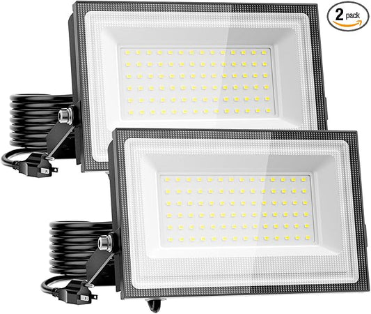 110W Flood Lights Outdoor, LED Work Light with Plug, Daylight White 6500K LED Flood Light, IP66 Waterproof Exterior Security Lights for Yard Garage Stadium 2 Pack