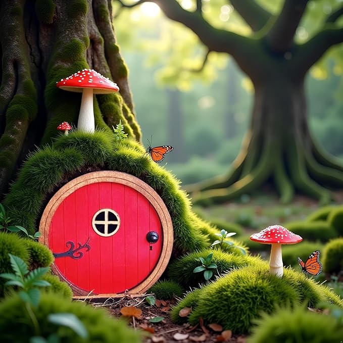 Red Fairy Garden Door for Trees, Outdoor Mini Garden Sculpture Ornament, Tree Trunk Fairytales Door Decoration
