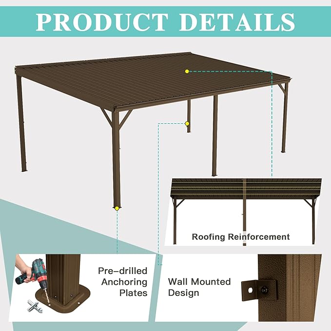 Domi 12’x20’ Lean-to Gazebo, Hardtop Wall-Mounted Gazebo Pergola with Sloping Galvanized Steel Roof and Upgraded Drainage System, Outdoor Permanent Metal Shelters for Patio Backyard Deck, Brown