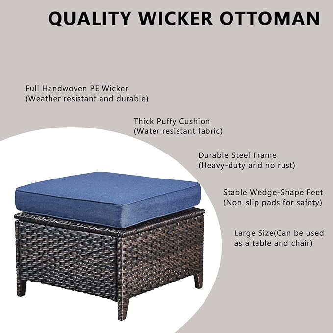 Rilyson Wicker Outdoor Patio Furniture Set - 5 Piece Patio Conversation Sets with Swivel Rocker Chairs, Ottomans and Sofa, 6 inch Cushions, Waterproof Wicker, for Porch Deck Brown/Blue