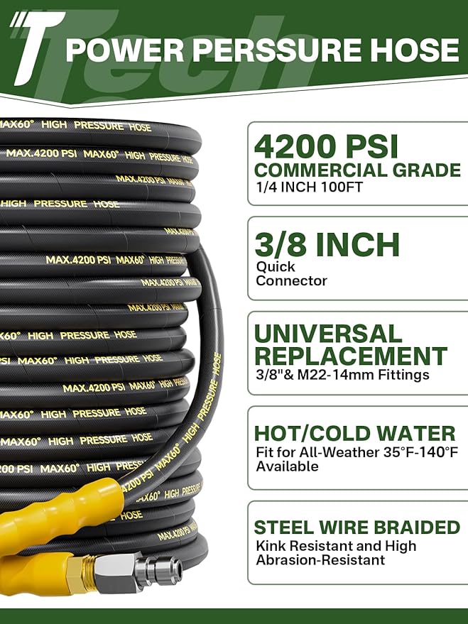4200PSI Pressure Washer Hose 100FT with 3/8" Swivel Quick Connect for Cold/Hot Water, Kink Resistant Steel Wire Braided, Wear Resistant Power Washer Hose with 2 M22 14mm Adapter Set