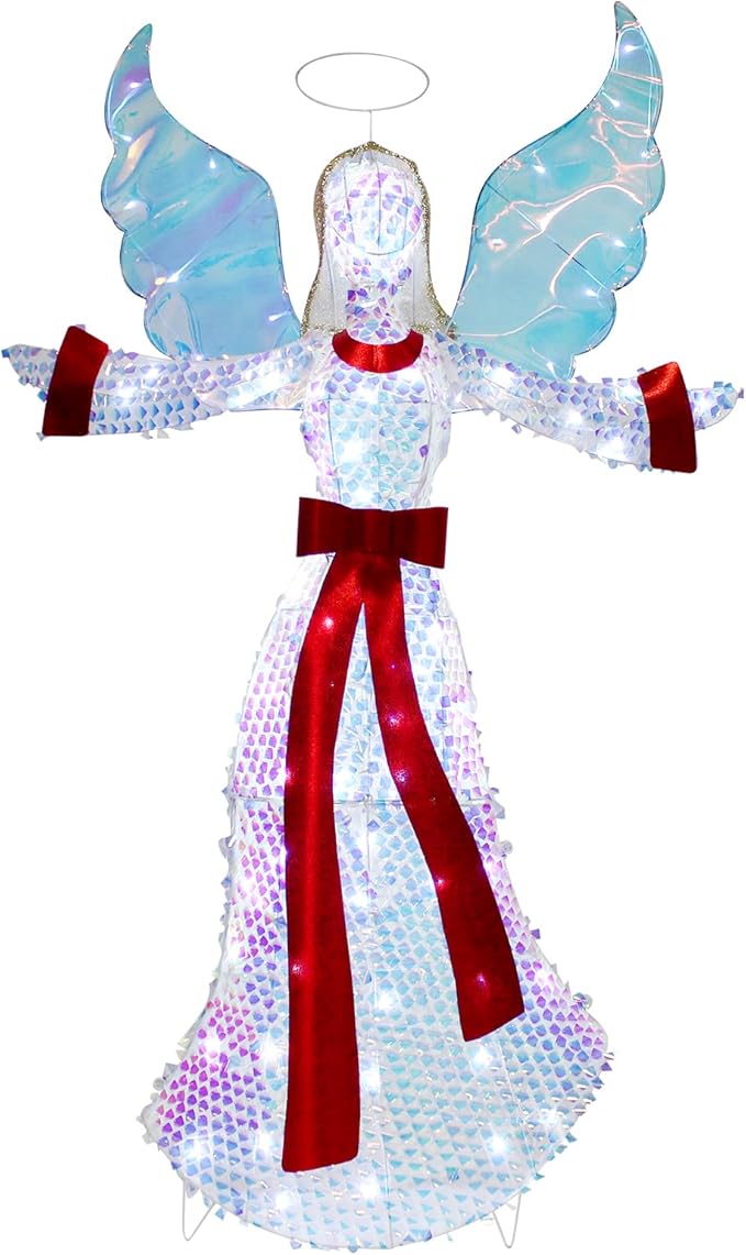 5FT Lighted-up Angel Christmas Decoration, 3D Halo Wings Angel Glitter Decor with LED Lights, Holiday Decorate The Yard Garden Lawn Porch