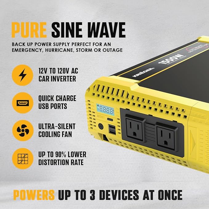 Krieger 1500 Watt 12V Pure Sine Inverter Dual AC Outlets & USB, Installation Kit Included, Automotive Portable Power for Tools, Camping & Car Accessories - ETL Approved