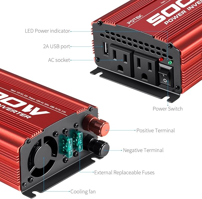 POTEK 500W Car Power Inverter DC 12V to AC 110V with 2AC outlets and 2A USB Port