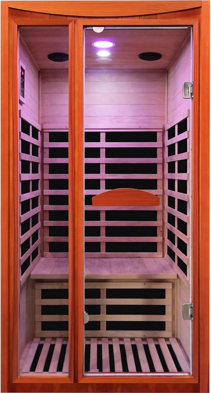 Sauna, Far Infrared Saunas for Home Room 1550W/110V Indoor Sauna for Single Person Okoume Wood Sauna Spacious 1 - 2 Person Low EMF Dry Sauna with Speakers/Air Hole and Color Lighting 39.4*35.4*74.8 IN