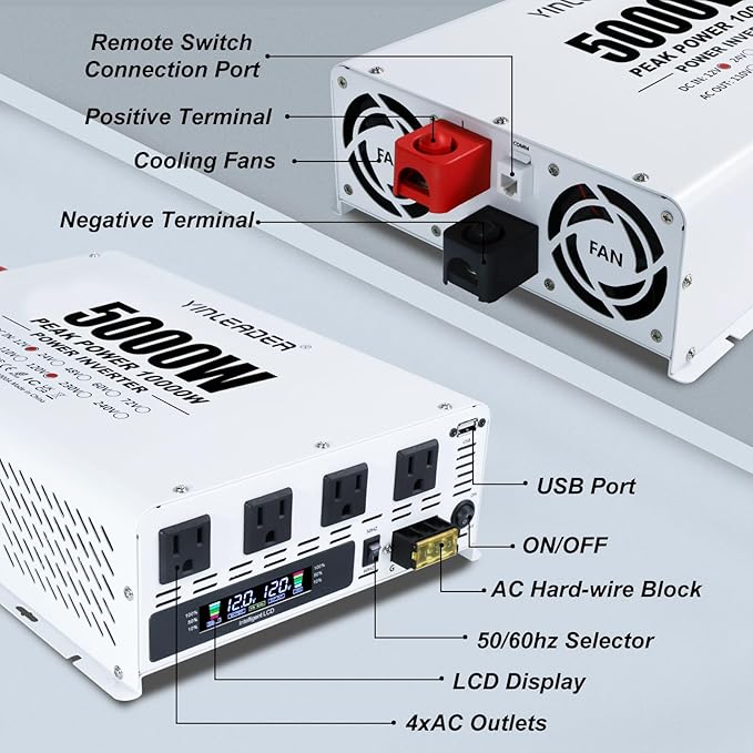 Yinleader 5000W Power Inverter 12V DC to 120V AC, 10000W Peak, with Remote Control, 4 AC Outlets, LCD Display, USB Port, for Truck/RV/Home/Off-Grid Solar System