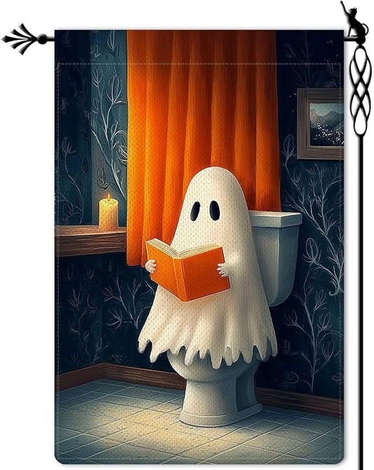 Vintage Cute Ghost Reading on Toilet Garden Flag Halloween Holiday Garden Flag Vertical Double Sided Rustic Farmland Burlap Yard Lawn Outdoor Decor 12.5x18"