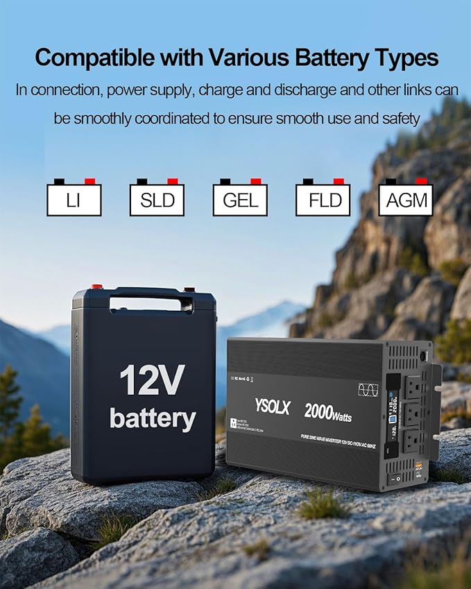 YSOLX 2000W Pure Sine Wave Power Inverter 12V to 110V/120V AC Converter for Home, RV, Truck, AC Hardwire Port, Remote Controller，Off-Grid Applications