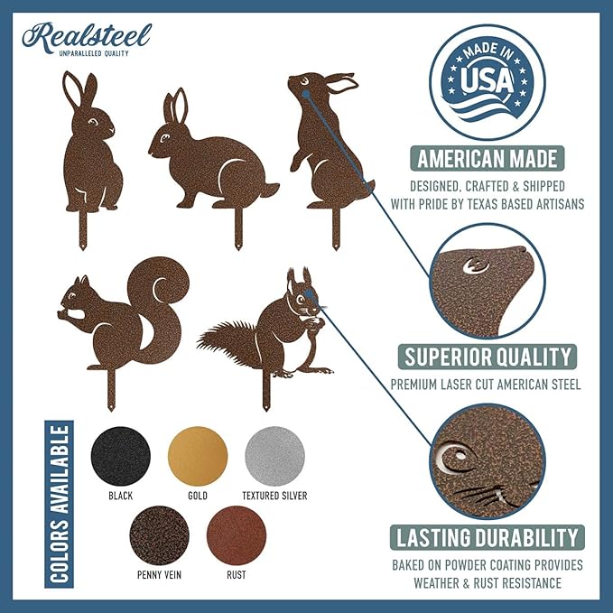 RealSteel Metal Garden Sculptures & Statues, Yard Art, Flowerbed Decoration, Outdoor Decor, Animal Stake Pack - Gold