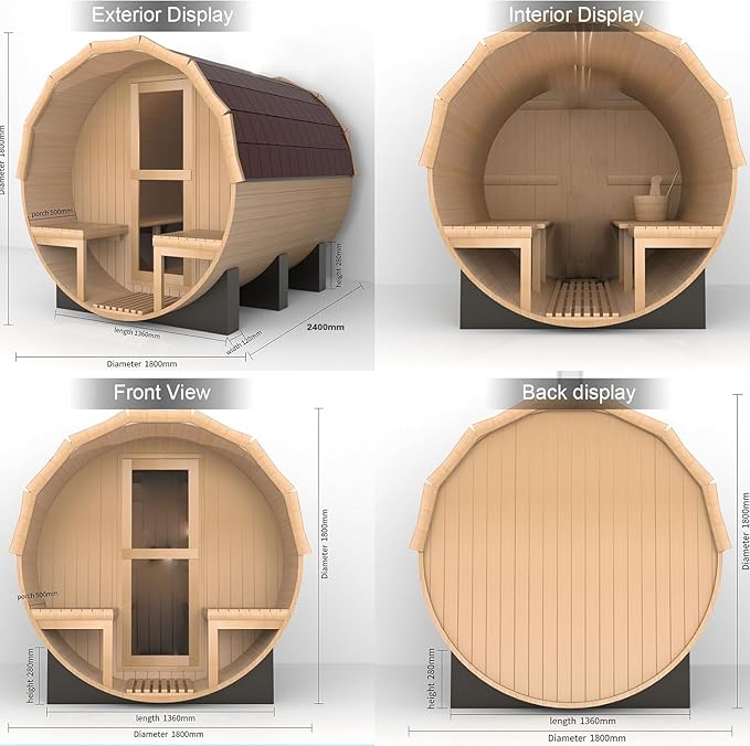 Outdoor Barrel Sauna, 6 Person Wood Steam Sauna Room with Porch, 6kw Toule Electric Heater with Sauna Stone, Canadian Helmock, Sauna Accessorie, Roof, 94.48”*70.86“*70.86“ (Helmock)