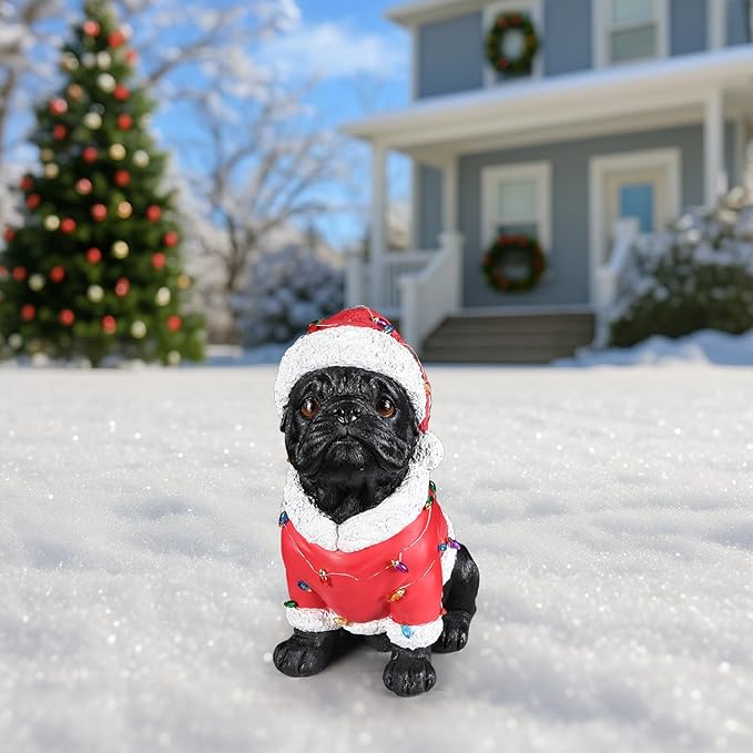 Christmas Outdoor Decoration Dog Statue, LED Light Cute English Bulldog Sculpture with Santa Outfit & Lights for Garden and Yard, Indoor Holiday Décor Gift for mom and dad