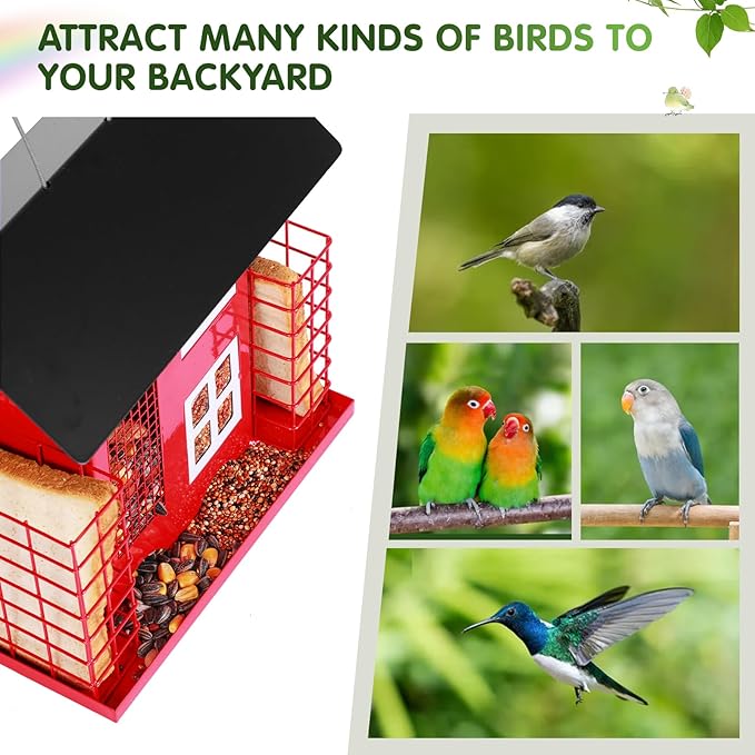 Metal Bird Feeders for Outdoors Hanging with 2 Suet Cage Cake Squirrel Proof Hanging Suet Feeder Large Capacity Wild Bird Feeder Easy Clean&Anti-Rust Attracting Birdhouse Red