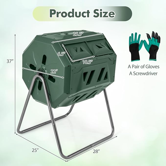 S AFSTAR Composter Tumbler Outdoor, 42-Gal Dual Chamber Tumbling Composter with 2 Sliding Doors, Metal Frame, BPA-Free Large Rotating Compost Bin Tumbler for Garden Yard Waste (Green)