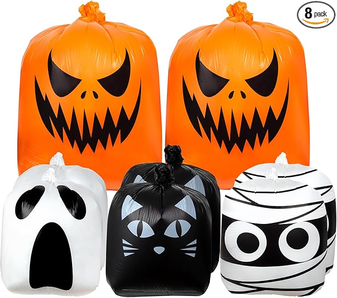 Halloween Leaf Lawn Bags - Giant Pumpkin Lawn Bag with Twist Ties for Outdoor Garden Decoration, Thanksgiving Fall Yard Decor - 8 Pack