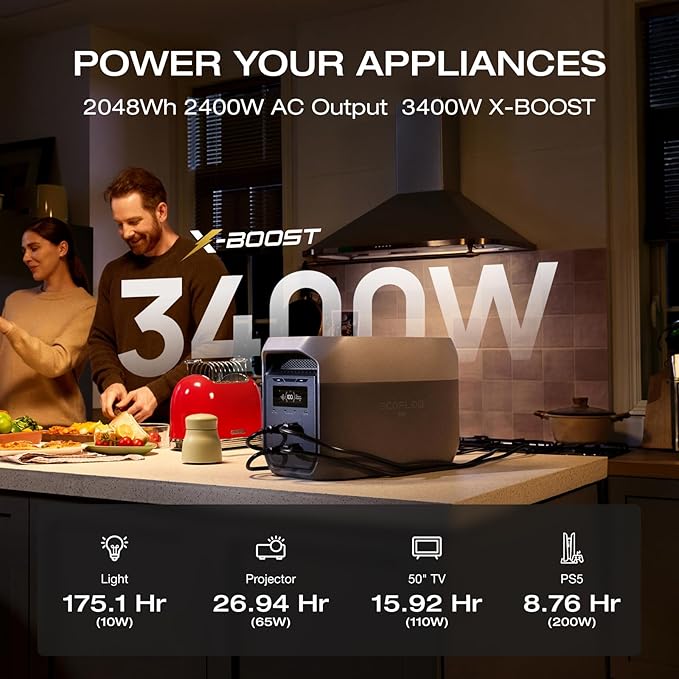 EF ECOFLOW Portable Power Station DELTA 3 MAX with 500W Alternator Charger, 3400W X-Boost Output, Ultra-Fast 0-80% Charging in 1.13 Hr, Home Backup & RV Camping