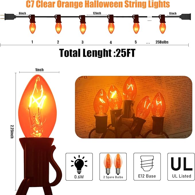 C7 String Lights,25FT Orange Halloween Christmas String Lights for Outdoor Indoor Use,25 Clear C7 Orange Bulbs String Light-Black Wire