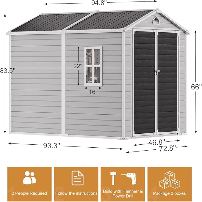 Resin Storage Shed with Floor 8 x 6 FT Waterproof Plastic Outdoor Garden Sheds Kit with Lockable Door & Windows,Patio Tool Shed for Backyard Lawn, Gray