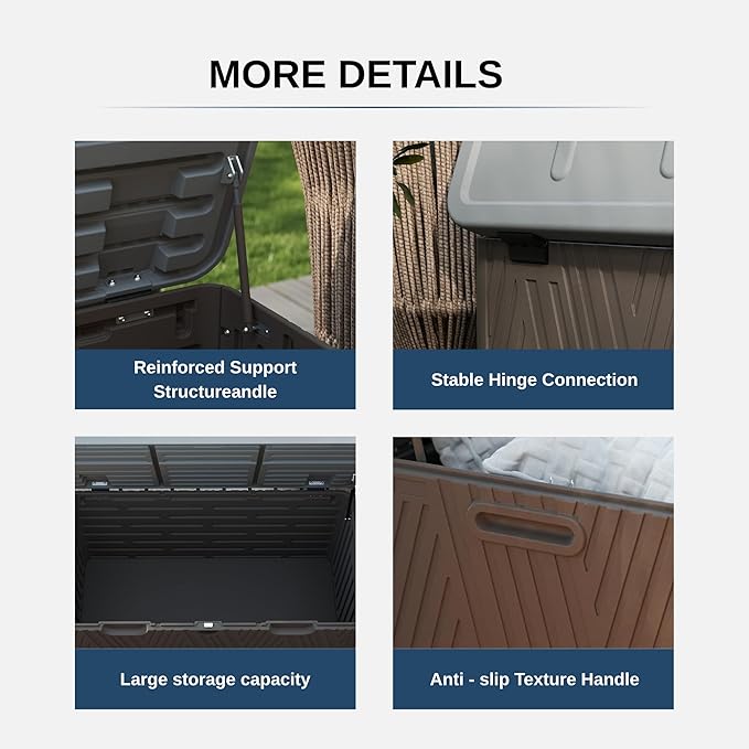 110 Gallon Outdoor Storage Box, Waterproof Patio Deck Box with Lockable Lid, Heavy-Duty HDPE Bench for Garden Tools, Cushions (Brown, 110 Gallon)