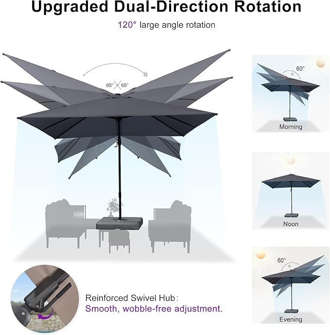 PURPLE LEAF 8' X 10' Swivel Outdoor Patio Aluminum Umbrella with Base Left-right Tilting Cantilever Offset Umbrella with UV Resistant Heavy Duty Fabric for Deck Pool Patio Backyard, Graphite Grey