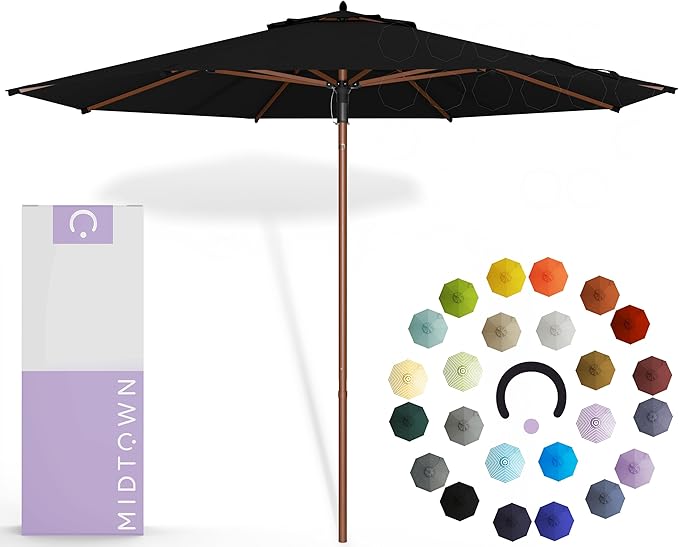 Midtown Umbrellas The Wooden 10 Feet Patio Umbrella With Terylast Ebony (Black) Polyester Fabric - Aluminum Frame Market Umbrella For Backyard, Deck, Garden, Pool - Wooden Pole