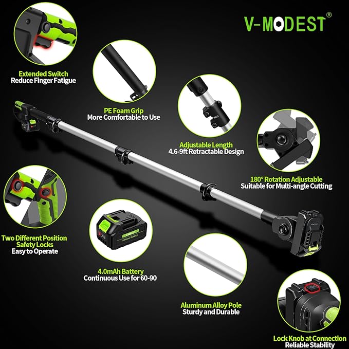 2-IN-1 Cordless Pole Saw 8 inch &6 inch, Pole Saws for Tree Trimming 2 * 4.0Ah Battery Powered, Electric Pole Saw Brushless 15ft Max Extension Pole Chainsaw for Tree Trimmer Wood Cutting