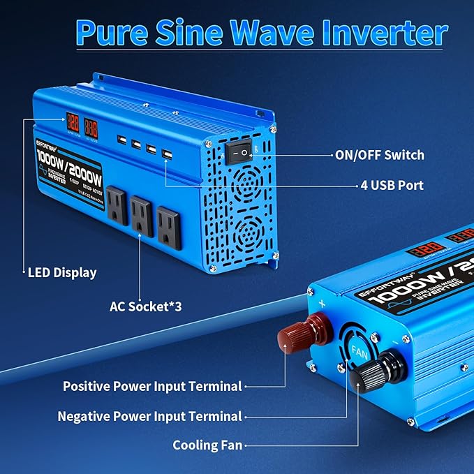 1000W Pure Sine Wave Inverter DC 12V to AC 110V/120V Converter 2000w (Peak) Car Power Converter with 3 AC Outlets, 4USB Port,Power Inverter for Car, Truck, Home, Vehicles, Laptop