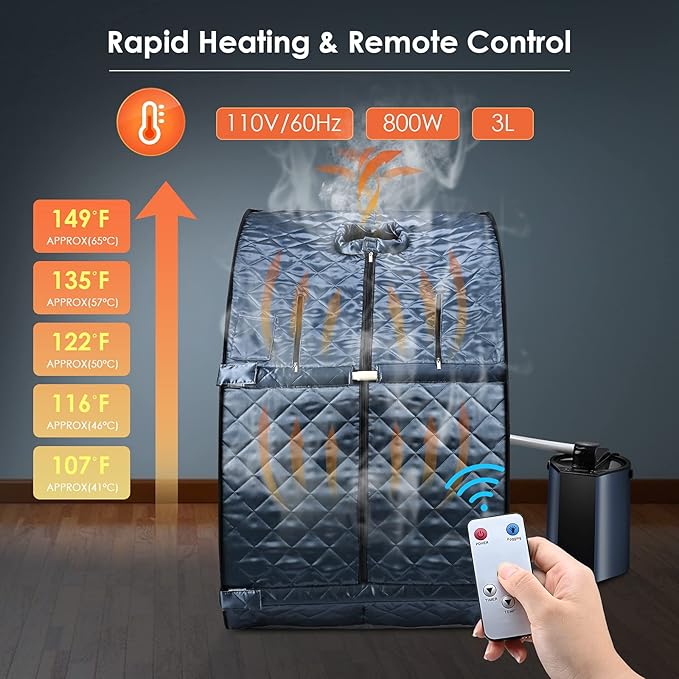 Portable Sauna, Sauna Box for Home, Personal Steam Sauna, Foldable Sauna with 3L, up to 90min,800W Steam Sauna Generator with Safety Protection, Remote Control & Portable Chair, UL Certified