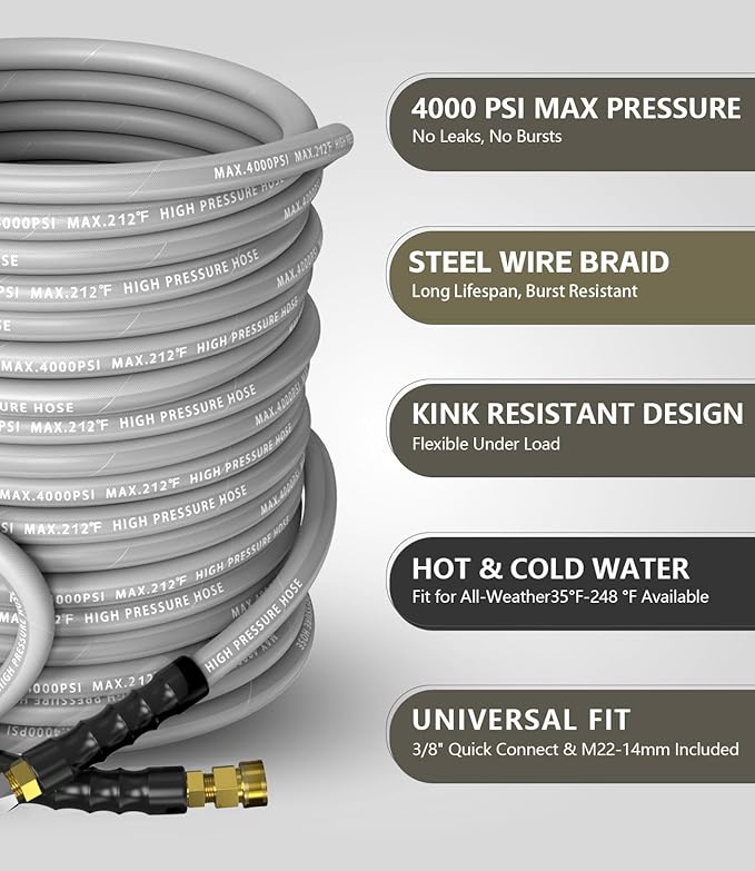Pressure Washer Hose 50FT 4000 PSI, Kink Resistant Steel Braided Layer & NonMarking Rubber for Hot/Cold Water, High Power Washer Hose With 3/8 Inch Quick Connect & M22 Fitting, Gray