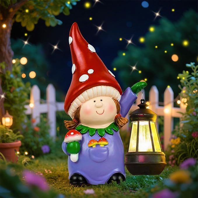 Gnome Statue Garden Ornaments Art Outdoor Decoration with Solar Powered LED Lights Decor for Patio,Balcony,Yard, Mum Birthday Gifts, Garden Gifts for Women
