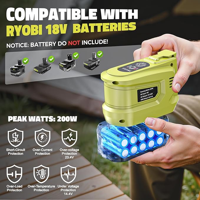 Real 200W Portable Power Inverter Compatible with Ryobi 18V, LIVOWALNY Outdoor Generato Battery Converter 2 USB & AC Battery Powered Outlet, DC 18V to AC 110V-120V Power Station (Tool Only)