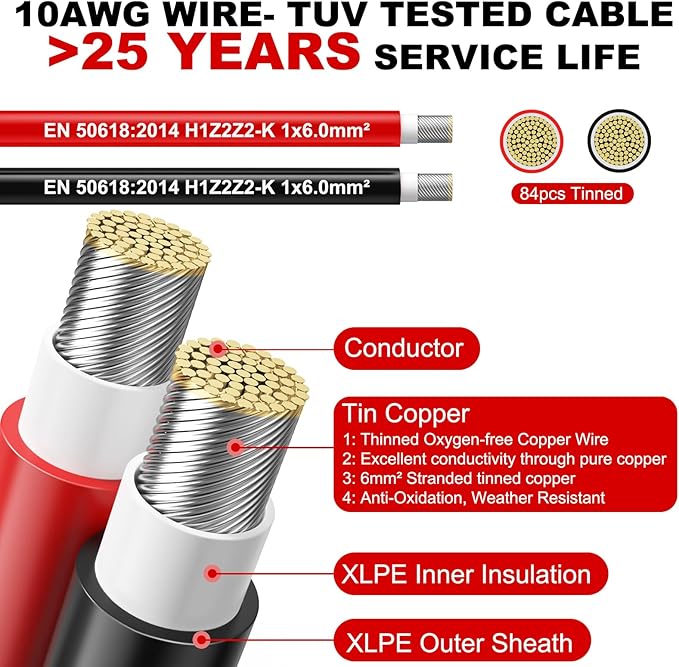 Oududianzi 2x100 Feet Solar Panel Wire, 10AWG Solar Wire Tinned Copper PV Cable for Outdoor Automotive RV Solar Panels Boat Marine